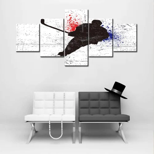 Vista 3 de Lienzo deportivo para pared, póster de hockey en blanco y negro, impresiones HD, pintura de chorro de tinta roja y azul, imagen abstracta