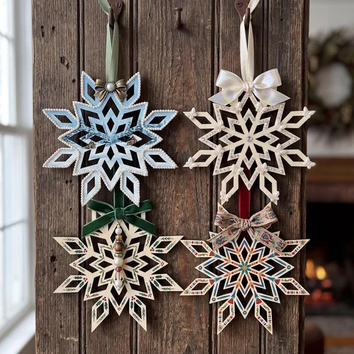 Vista 5 de 12 piezas de copos de nieve de madera sin terminar de 8 pulgadas para manualidades, adorno de copo de nieve de madera, decoración de pared colgante