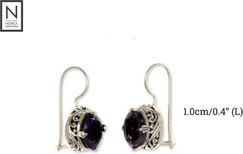 Vista 3 de NOVICA Pendientes de gota de amatista hechos a mano artesanales de plata de ley 925 con piedra natal de Indonesia púrpura 'Angelic Aura', Plata, No