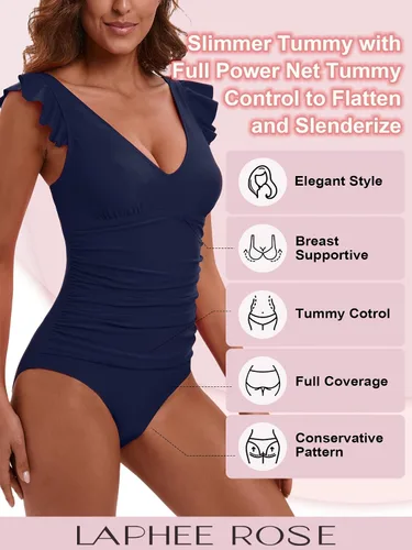 Vista 4 de Traje de baño de una pieza con volantes para mujer con control de abdomen