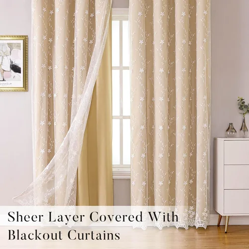 Vista 5 de WUBODTI Cortinas de encaje blanco de lujo de 63 pulgadas de largo, 2 paneles para dormitorio, bonitas cortinas bordadas florales de vid con ojales