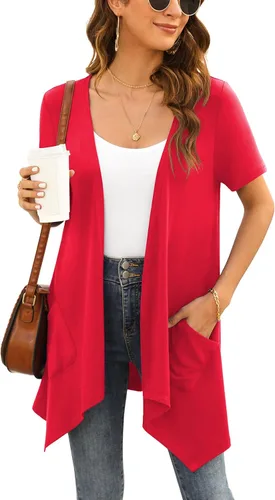 Vista 2 de Veryoung Cárdigan floral de manga corta para mujer, casual, drapeado, frente abierto, ligero, cárdigan de verano con bolsillo, dobladillo alto y bajo
