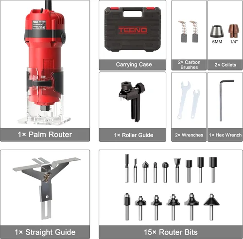 Vista 8 de TEENO Herramienta de enrutador, 1.25 HP 6.5 Amp Herramienta compacta de Rojo