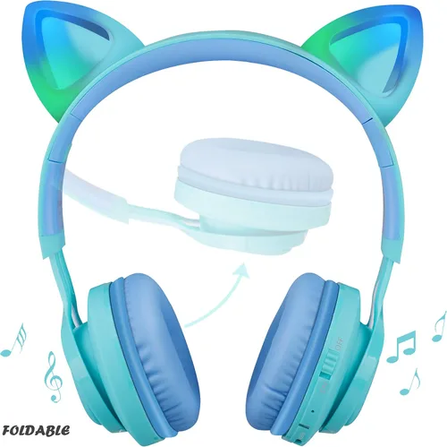 Vista 2 de Riwbox Kids Headphones, CT-7S Cat Ear Bluetooth Headphones with LED Light, 85dB Volume Limiting, Over Ear with Microphone for Laptop/PC/TV