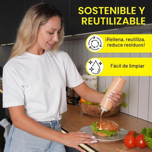Vista 5 de BRIGHTFROM Botellas exprimibles de condimentos de 16 onzas de cuello ancho, botellas vacías para chorros – Tapa superior extraíble, a prueba