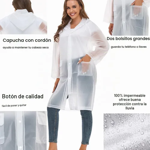 Vista 4 de Chubasqueros para mujeres y hombres, reutilizables, portátiles, impermeables, EVA, largos ponchos de lluvia con capuchas Blanco