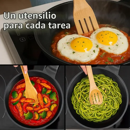 Vista 6 de PriorityChef Cucharas de Madera para Cocinar, 6 Piezas de Utensilios de Cocina de Bambú Antiarañazos, Juego de Utensilios de Madera No Tóxicos
