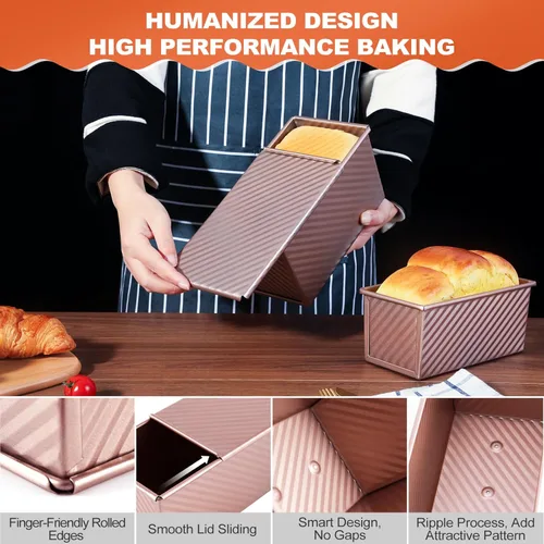 Vista 6 de Pavsrmy Paquete de 2 moldes para pan Pullman con tapa, capacidad para 1 lb/0.5 lb de masa, molde premium para pan de sándwich con tapa, molde