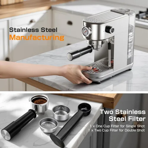 Vista 8 de Atatix Máquina de Café Espresso Mejorada, Cafetera Espresso Compacta de 20 Bares con Espumador de Leche, Cafetera de Acero Inoxidable con Tanque