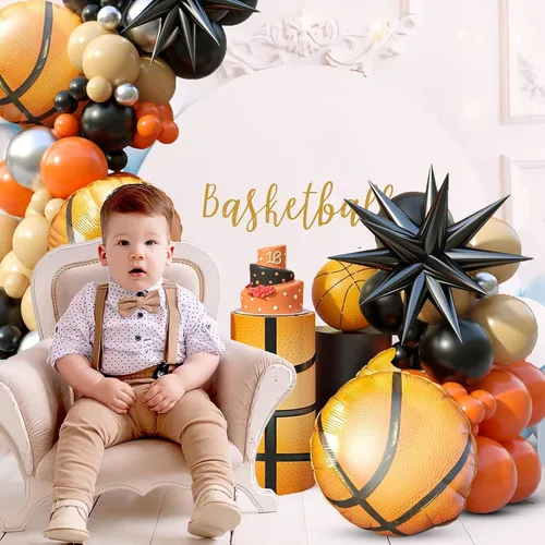 Vista 3 de Kit de guirnalda de arco de globos de baloncesto, 103 globos de fiesta de baloncesto, guirnalda de globos naranja y negro para niños y niñas