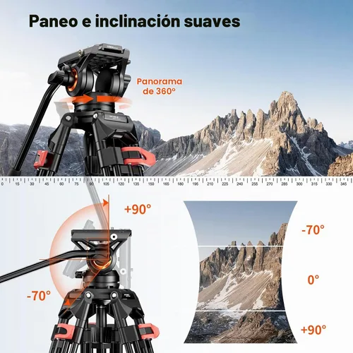 Vista 3 de COMAN Trípode de video de 74.4 pulgadas, trípode de cámara resistente con cabezal fluido y aleación de aluminio, carga máxima de 17.6 lbs/8 kg