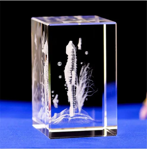 Vista 5 de Modelo de estatua de caballito de mar de cristal de cristal, arte de figura de caballito de mar grabado con láser 3D, cubo de cristal de animal
