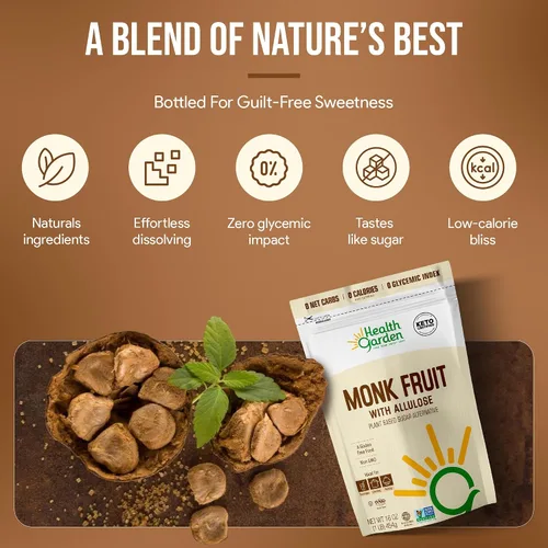 Vista 5 de Health Garden Fruta del monje con edulcorante de alulosa, alternativa natural de azúcar a base de plantas con cero calorías, sin gluten, vegano