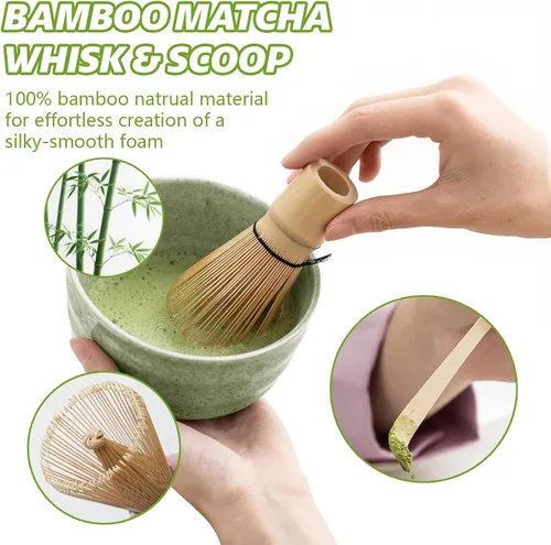 Vista 11 de Juego de batidor de matcha, cuenco de cerámica de 17 onzas con boquilla, cuchara de bambú y tamiz inoxidable, kit de 5 piezas de matcha verde jade