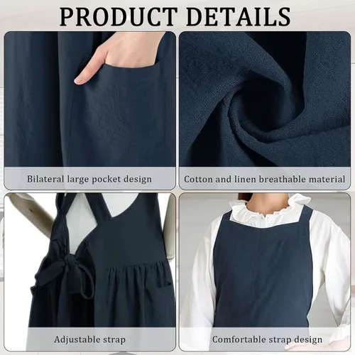 Vista 6 de Vestido tipo delantal de lino de algodón con espalda cruzada para mujer con bolsillos para cocinar y limpiar - Delantal cruzado - Azul - con lazos
