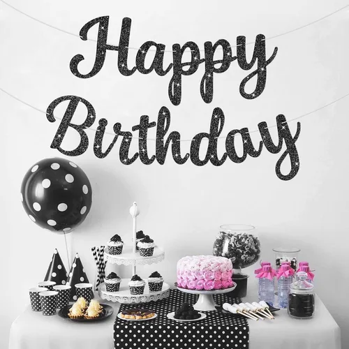 Vista 6 de Letrero de Pancarta de Feliz Cumpleaños Negro con Purpurina, Guirnalda de Cumpleaños Pancartas de Pared y Puerta Bandera para Mujeres Hombres Niños