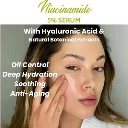 Vista 5 de Suero de niacinamida 5% – Suero facial de niacinamida con ácido hialurónico, extractos naturales – Control de aceite, minimizador de poros, calma