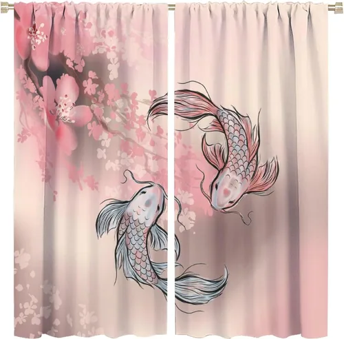 Vista 13 de Koi Fish - Cortinas opacas para cocina, estilo japonés, románticas, con estampado de flores de cerezo, con bolsillo para cortinero, cortinas opacas
