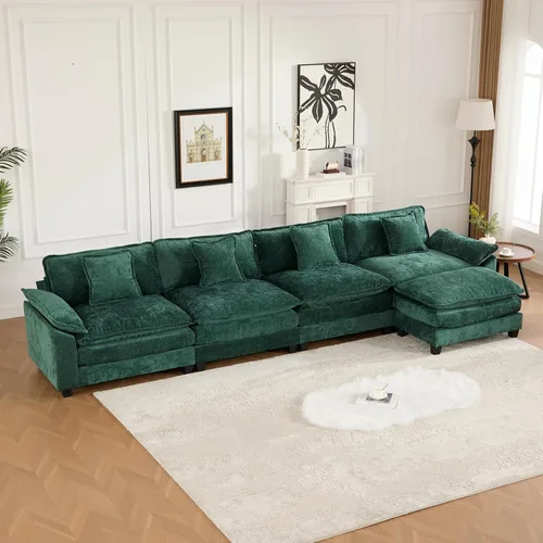 Vista 219 de Sofá seccional modular verde de 111.5", sofás seccionales grandes de 3 plazas para sala de estar, sofá nube oversized de tela chenille con otomana