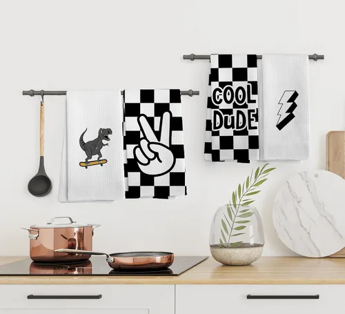 Vista 4 de Juego de 4 toallas de mano a cuadros modernos para niños, decoración de baño para niños, regalos de Dinasours, paños de cocina para cocina, paño