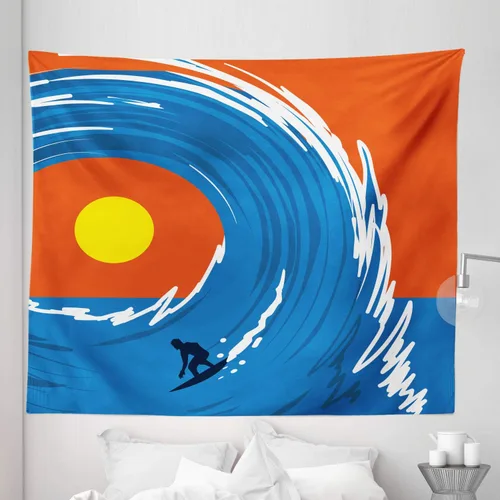 Vista 4 de Ambesonne Tapiz Ride the Wave de hombre surfing en olas gigantes del océano retro, póster deportivo, decoración de tela para colgar en la pared