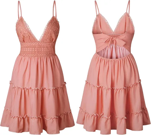 Vista 5 de ECOWISH Vestido corto sin mangas para mujer diseño al vuelo estilo patinadora escote en V tirantes delgados encaje y lazo de atar espalda descubierta