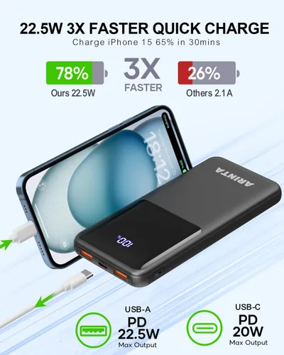 Vista 2 de Cargador portátil Power Bank de 10000 mAh PD 22.5 W, pantalla LED y entrada USB-C, artículos esenciales de viaje, compatible con teléfonos Negro