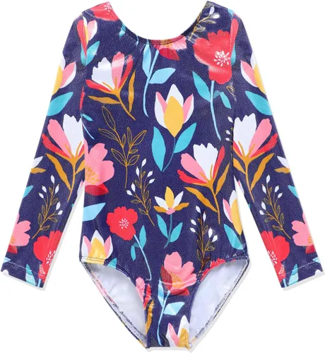 Vista 83 de HOZIY - Leotardos de manga larga para niñas, de gimnasia, para niños pequeños, trajes florales de unicornio, galaxia, arco iris, patrón de rayas