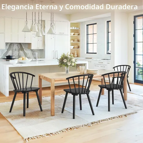 Vista 3 de LUE BONA Juego de 6 Sillas de Comedor Negras, Sillas de Comedor de Madera Estilo Granja con Respaldo Semicircular, Silla de Comedor de Husillo