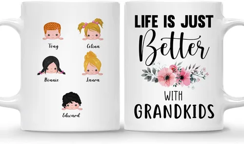 Vista 10 de Gossby Taza personalizada Life is Better With GrandKIDS (1 niño), taza personalizada de regalo para abuelos con avatares de nietos, nombres, 11
