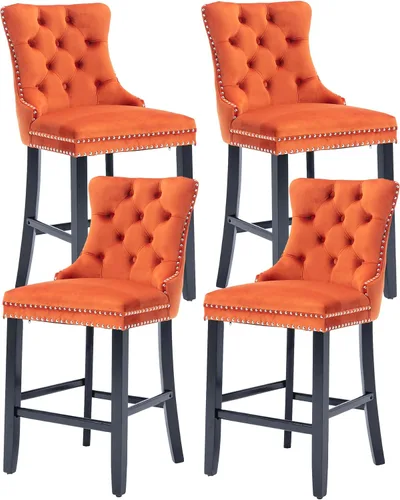Vista 30 de Taburetes de bar tapizados de terciopelo modernos de 27 pulgadas con patas de madera, botón con cabeza de clavo cromada, taburetes de bar con Beige