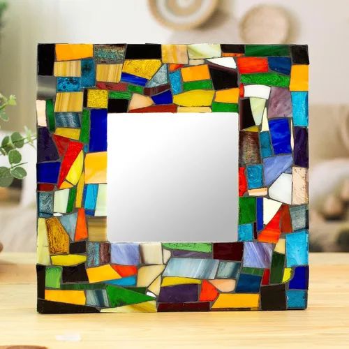 Vista 2 de NOVICA Espejo de pared de vidrio y madera, multicolor, sinfonía