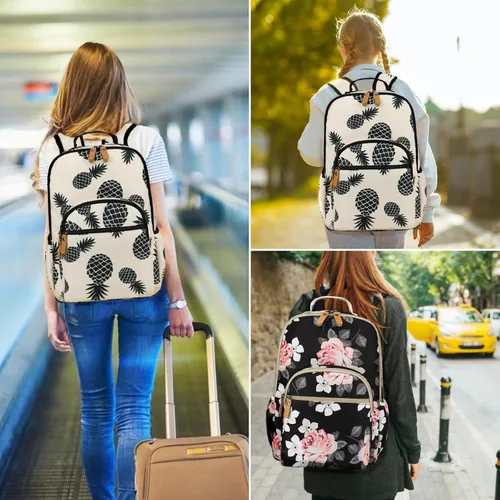 Vista 58 de Leaper Mochila para laptop para mujer: linda mochila floral para escuela, universidad, viajes, trabajo, mochila ligera para niños, Negro margarita