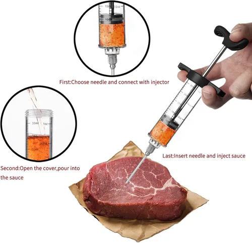 Vista 4 de JY COOKMENT Jeringa para inyector de carne, inyector de sabor marinado de 1 onza con 2 agujas profesionales, 1 cepillo de limpieza (negro)