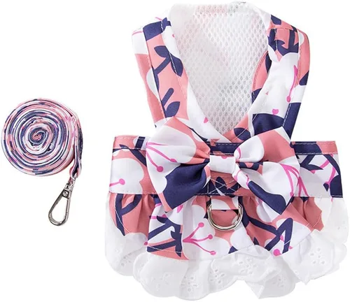 Vista 2 de Vestido Floral para Perro con Conjunto de Correa, Azul, XS