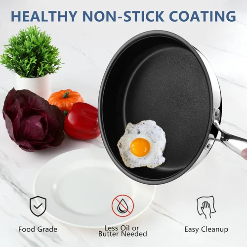 Vista 5 de TeamFar - Sartén antiadherente de acero inoxidable de 3 capas de 10 pulgadas Egg Omelet Pan with Long Handle, for Induction Gas Glass Ceramic