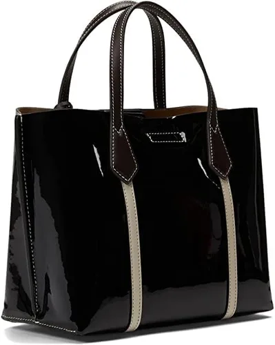 Vista 3 de Tory Burch Bolso Perry pequeño de triple compartimento para mujer, color negro charol, Desert Dune