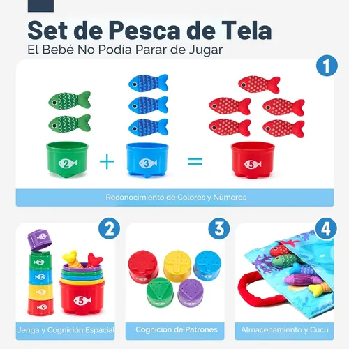 Vista 4 de hahaland Juguetes Montessori para niño de 1 año, regalo de cumpleaños, juego de pesca de tela 10 en 1, juguetes para niños pequeños con tazas