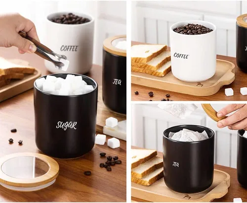 Vista 8 de Sello de almacenamiento de alimentos de cerámica de color puro Pot Spice Jar Sugar Bowl con tapa de bambú-café-negro