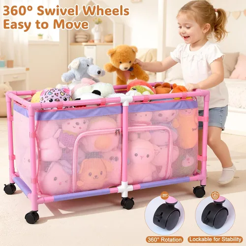 Vista 4 de FIOBEE Caja de juguetes para niñas y niños con malla transparente y ruedas giratorias de 360°, organizador de pecho de juguetes, fácil de instalar