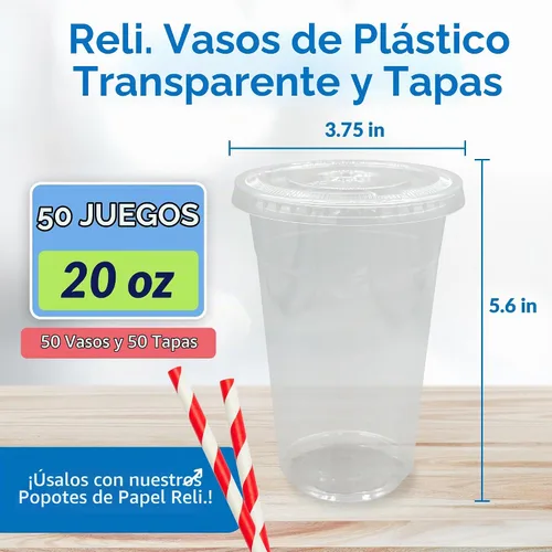 Vista 2 de Reli. Vasos de plástico de 20 oz con tapas (paquete de 50) - Transparente