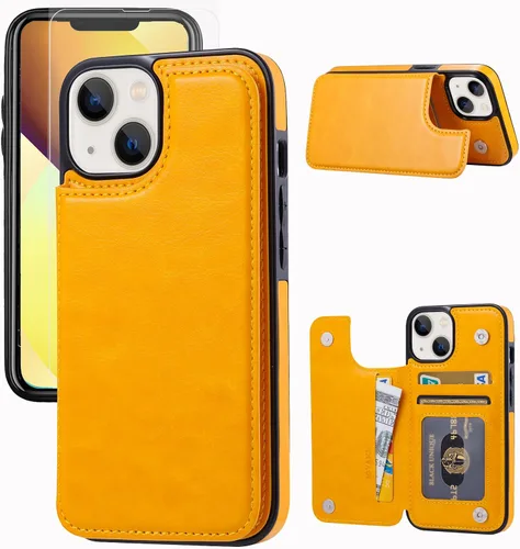 Vista 8 de Funda tipo cartera compatible con iPhone 13, funda protectora delgada con tarjetero, cuero PU con soporte y ranuras para tarjetas con un cristal