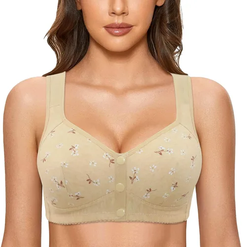 Vista 2 de Brasier de margaritas para mujeres mayores, cómodo cierre frontal con botón sin hebilla de alambre, cómodo brasier con corsé push up
