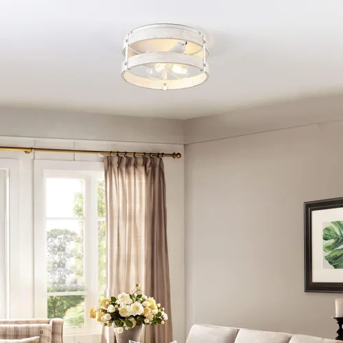 Vista 3 de Moderno de granja ?Blanco antiguo con aspecto desgastado lámpara de techo empotrada de 2 luces lámpara de techo de tambo de madera montaje