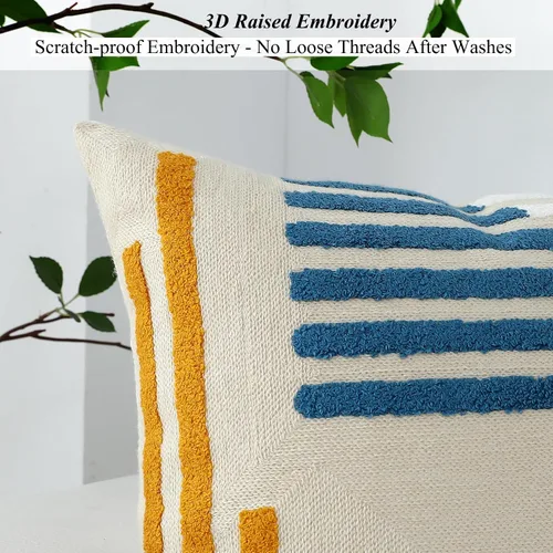 Vista 5 de Juego de 2 fundas de almohada modernas bordadas geométricas de 16 x 16 pulgadas, de algodón con textura copetuda, estilo bohemio, decorativas