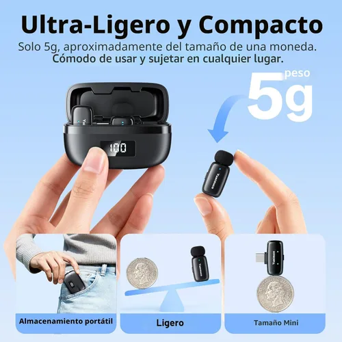 Vista 3 de Mini micrófono inalámbrico Lavalier para iPhone, iPad, Android, reducción de ruido y silencio, funda de carga de 33 horas, cambiador de voz AI