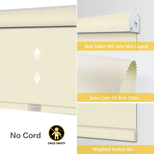 Vista 3 de Persianas opacas sin cordones con cenefa, color beige con cenefa de metal cubierta de tela, persianas enrollables con filtro de luz UV