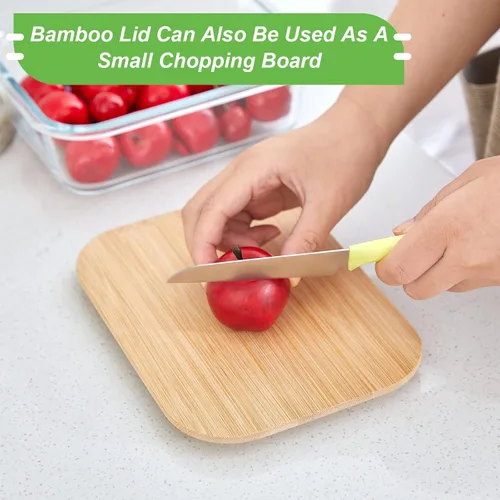 Vista 4 de 5 recipientes de vidrio para almacenamiento de alimentos con tapas de bambú de 36 onzas/35.2 fl oz, recipientes herméticos para microondas, horno