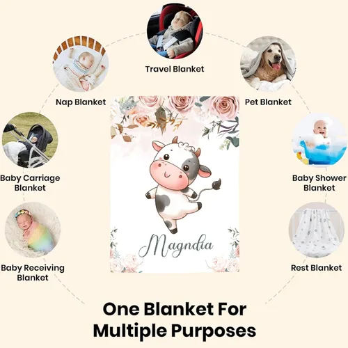 Vista 9 de Manta de bebé personalizada para niñas y niños pequeños, recién nacidos, regalos personalizados de vaca floral con nombre y texto, 40 x 30 pulgadas