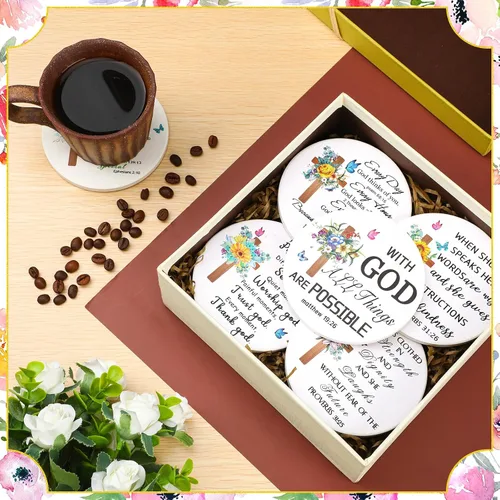 Vista 4 de Umigy Juego de 6 posavasos cristianos para bebidas con versículos de la Biblia, con soporte, inspirador absorbente, bebida de cerámica, regalo